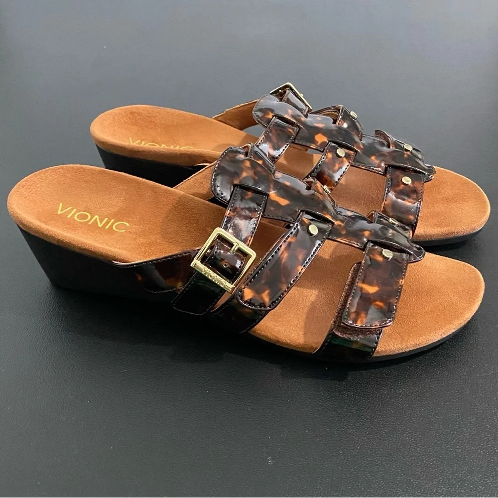 Vionic New Radia Wedge Heel Sandals Size 10 Tortoise Shell Black Brown Ajustable
